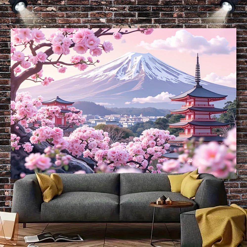 toile d'art paysage montagne Fuji fleurs cerisier unique polyester réaliste opaque salon chambre