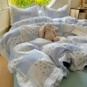Housse de couette bleue avec volants en dentelle - Imprimé réactif jacquard - Tailles simples à Queen