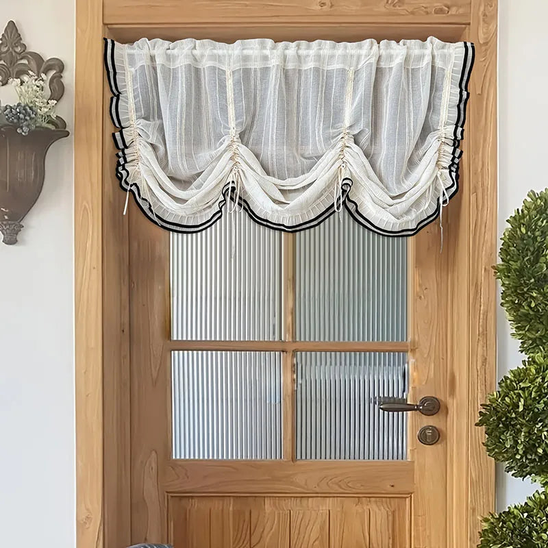 rideau blanc noir rayures horizontales franges broderie translucide classique vintage inclusion