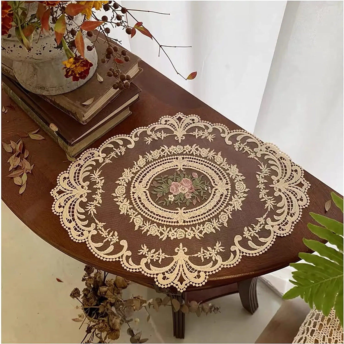 serviettes table classiques broderie florale dentelle polyester blanc cassé vintage respectueux environnement set longueurs