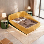lit double nid oiseau velours jaune moderne minimaliste meuble chambre matelas oreillers couverture tapis