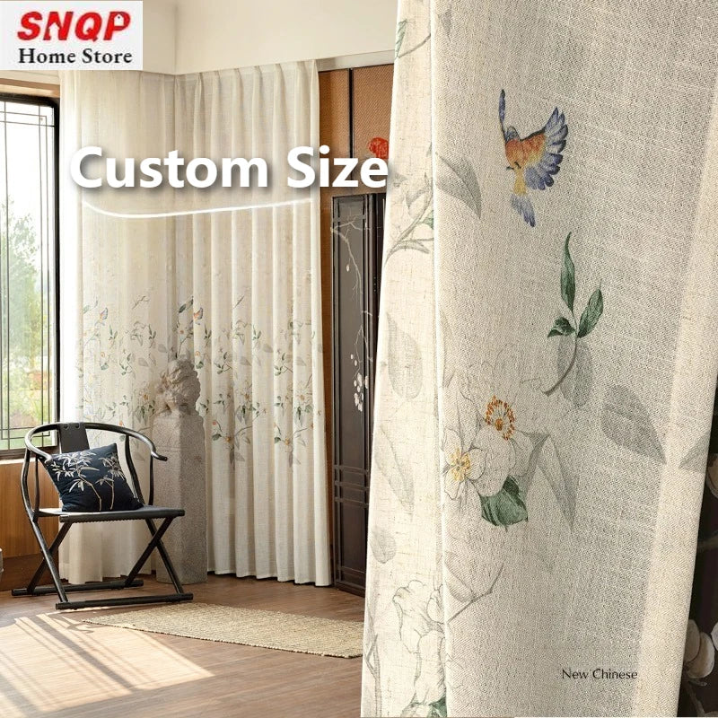 rideau fleur feuilles oiseaux beige translucide chinois moderne fenêtre française