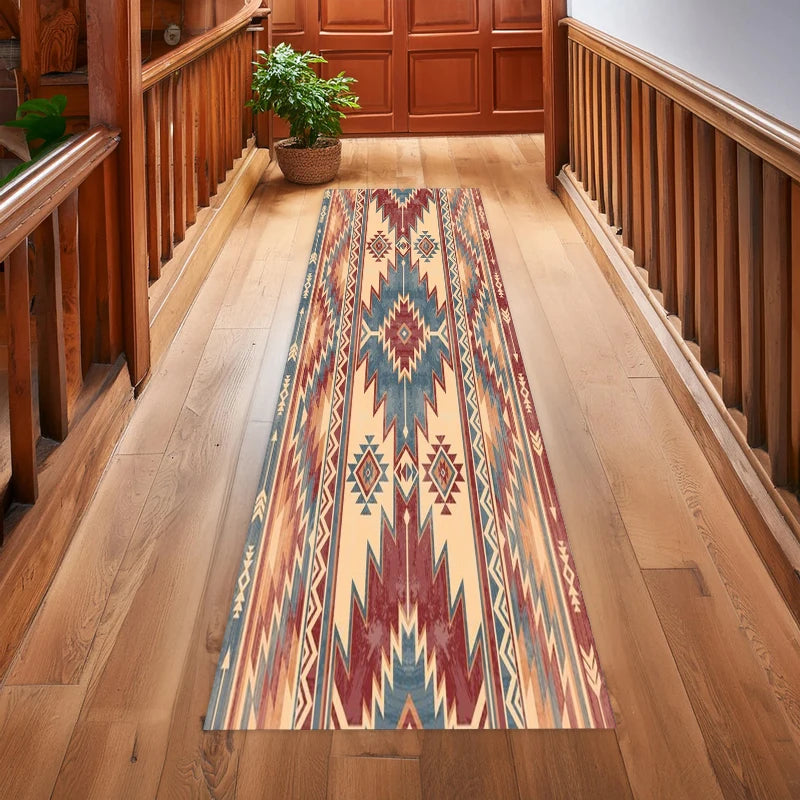 tapis géométrique tribal rouge beige turquoise noir salon moderne ethnique