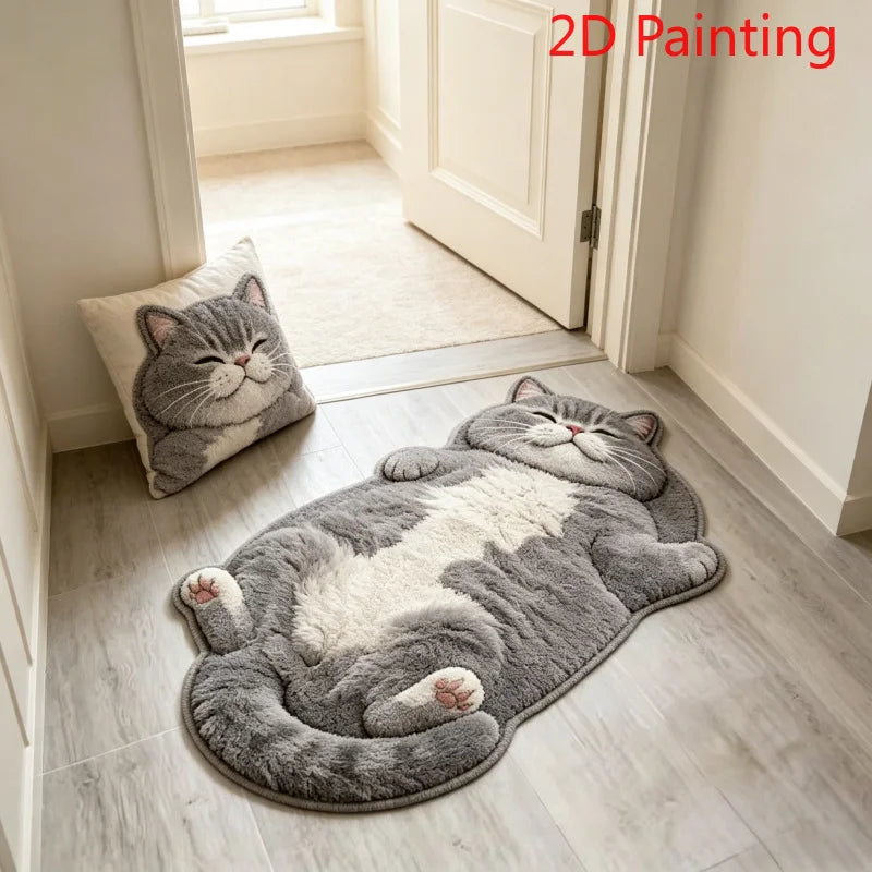 tapis couloir peluche chat couché 3d doux gris blanc orange entrée maison