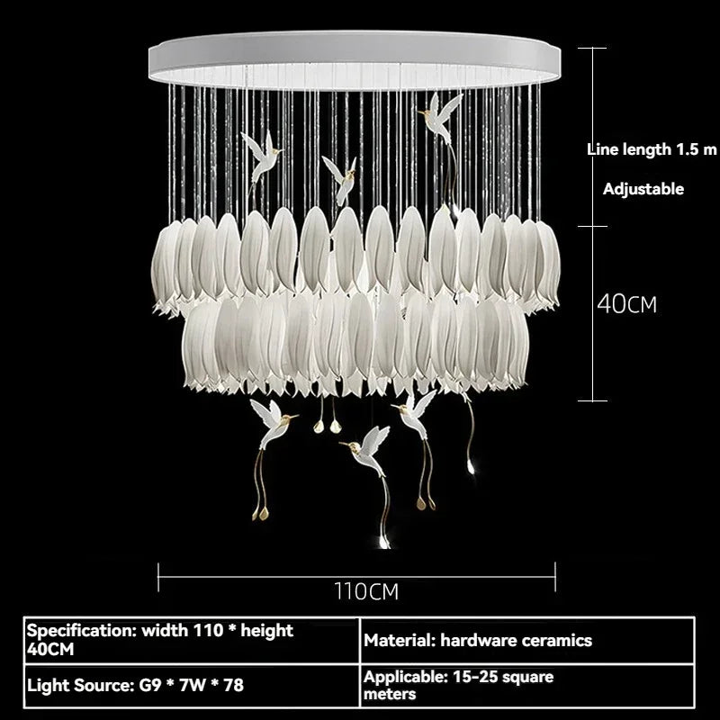suspension lumineuse moderne blanc feuilles fines chaines minimaliste led