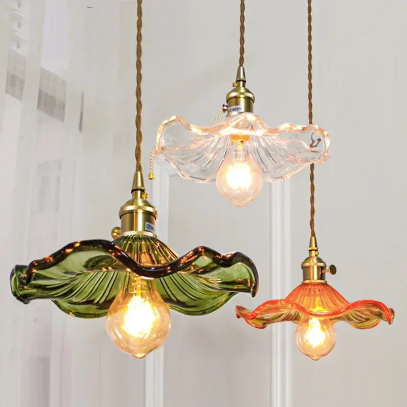 lampe suspendue vintage vert orange transparent fleur ondulée art déco chaîne torsadée