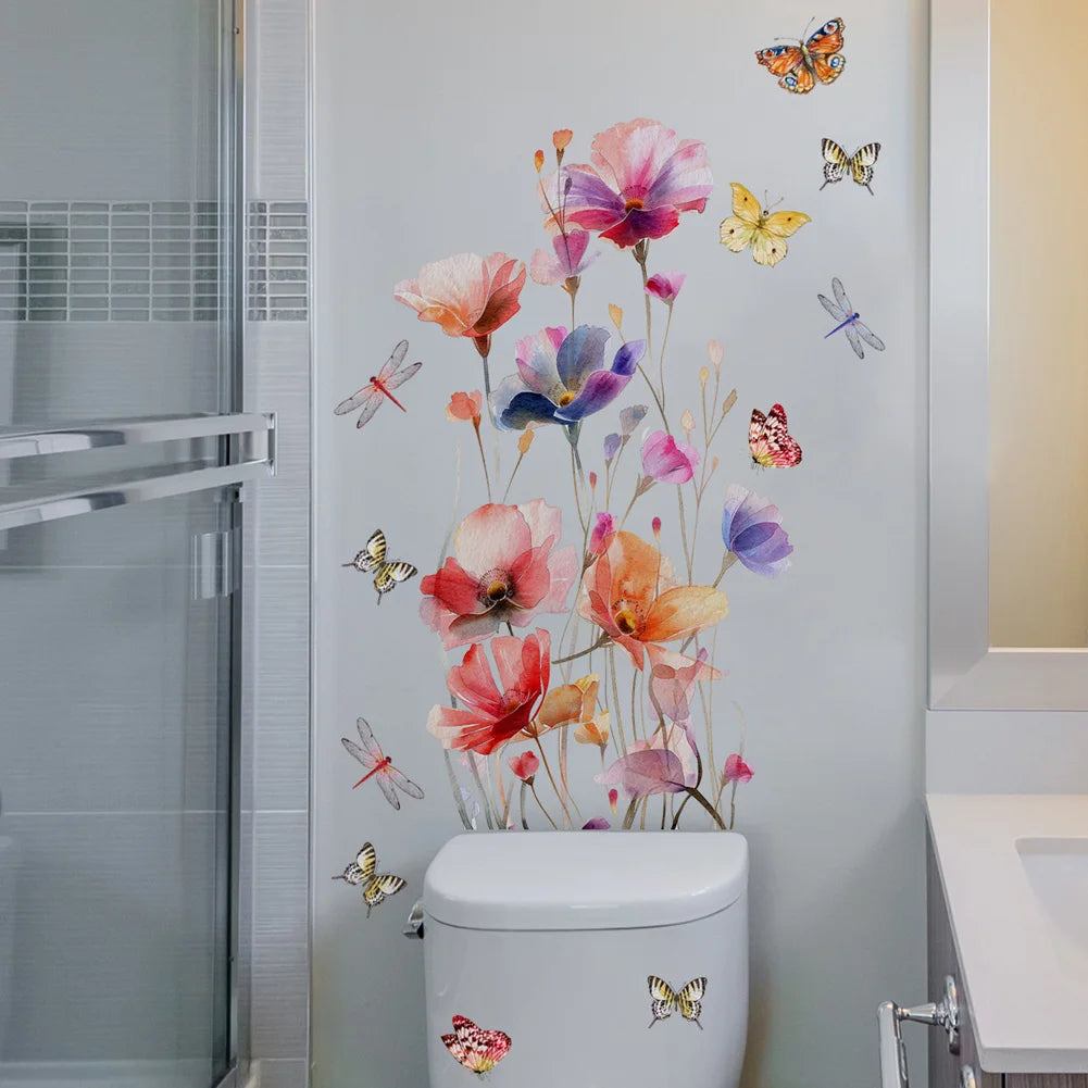 autocollant mural fleurs papillons aquarelle moderne floral résistant l'eau mur carrelage meubles 42cm 50cm