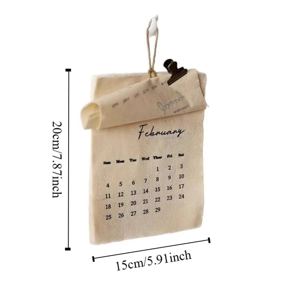 calendrier mural tissu beige clair rustique minimaliste clip magnétique ficelle décembre 2026 opaque