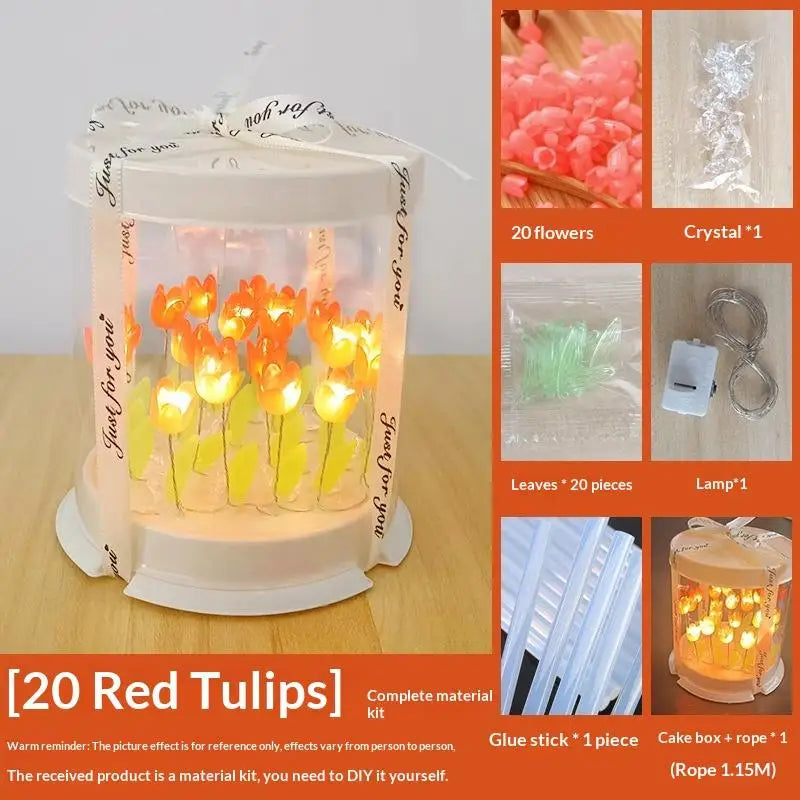 boîte gâteau lumineuse transparente tulipes colorées moderne décoration chambre veilleuse artisanale feuilles plastique
