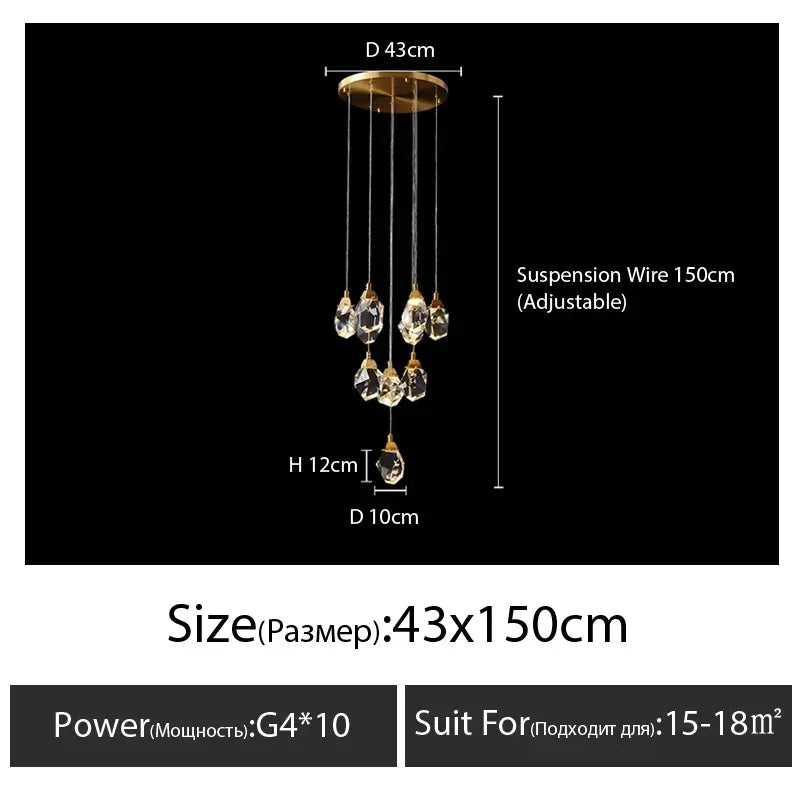 suspension lumineuse moderne transparente dorée facettes géométriques élégante leds