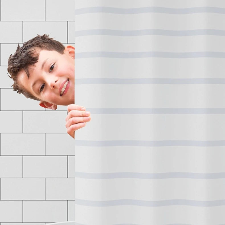 rideau douche moderne rayures horizontales blanc gris clair opacité ourlet standard tissu éva 120cm