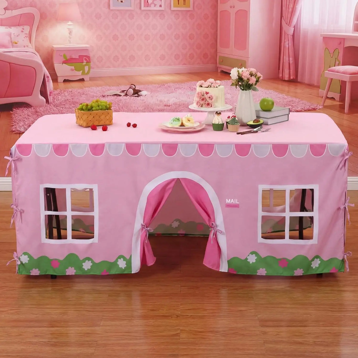 nappe décoration enfantine maisonnette imprimé floral rose verte table camping car styleversible