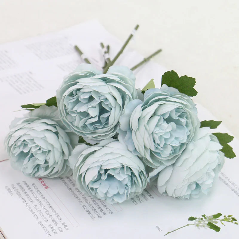 Bouquet artificiel pivoine rose pâle blanc feuilles vertes décoration intérieure romantique 29cm total length