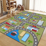 Un tapis pour enfants représentant une ville avec des routes, des bâtiments et des voitures, conçu pour stimuler l'imagination et le jeu.