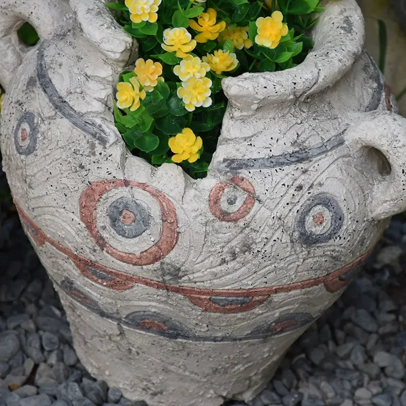 pots fleurs vintage gris motifs géométriques rustiques plantes artificielles cour jardin decoration