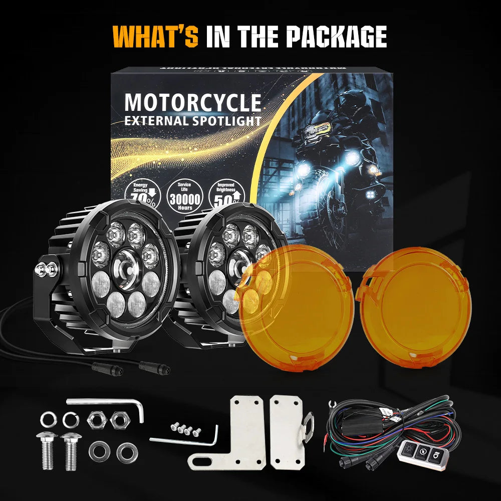 projecteur led moto noir lentilles jaunes cable electrique interrupteur robuste