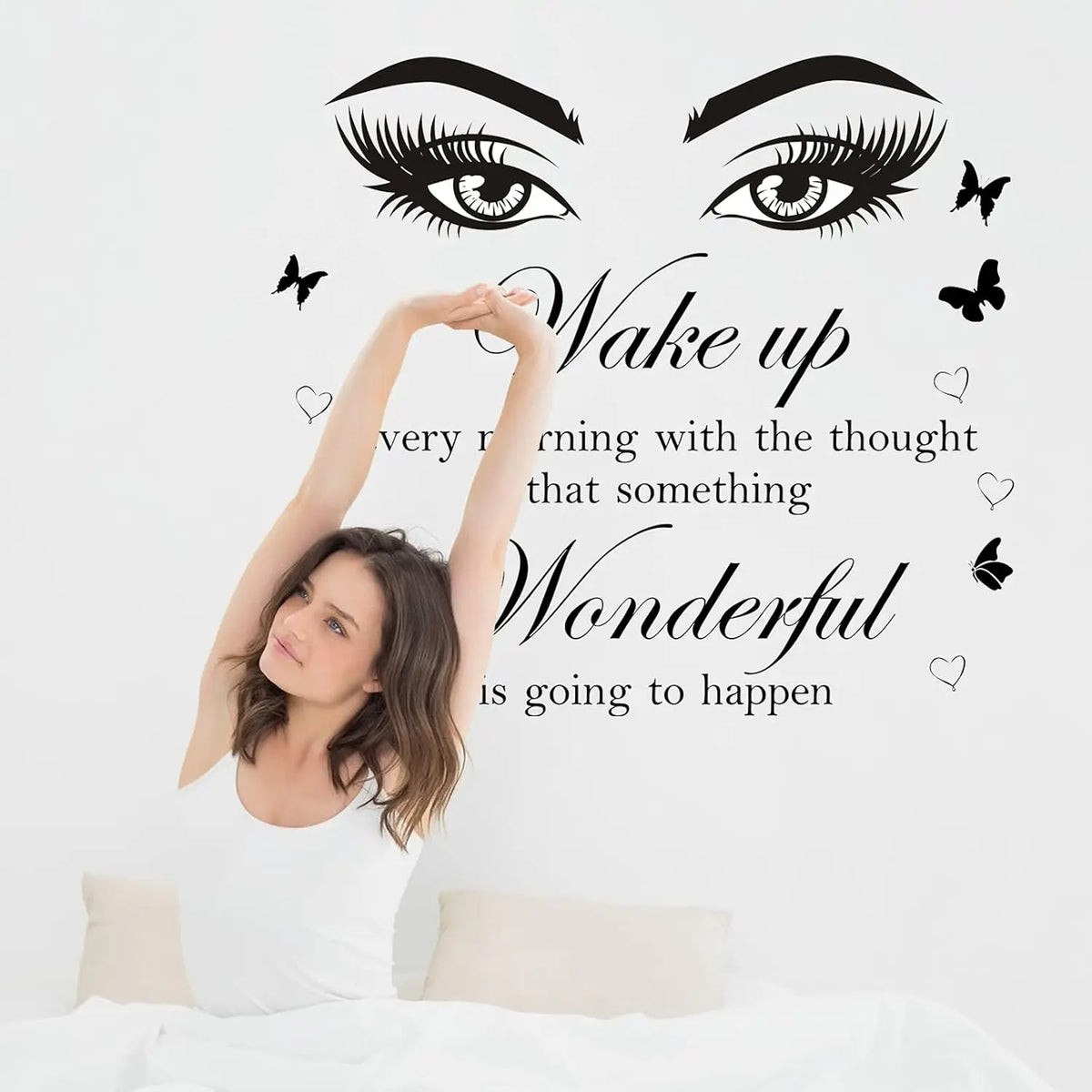 sticker mural moderne yeux grands ouverts papillons citation inspiration noir adhésif