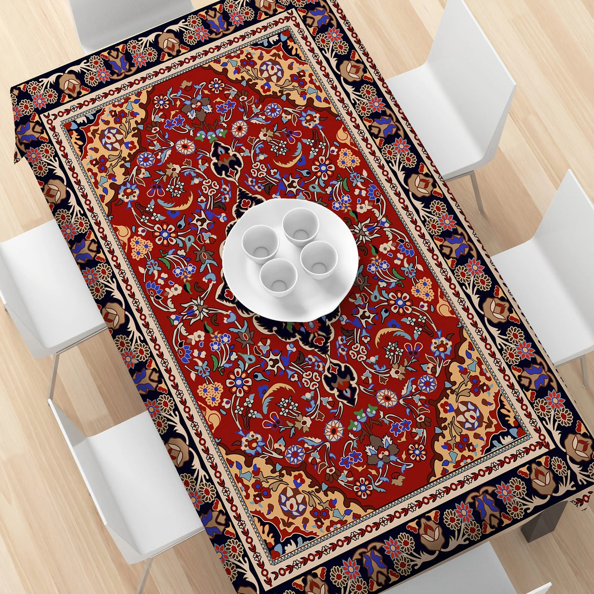 nappe imperméable ornements floraux rouge noir bleu beige classique table réutilisable polyester tissage tat