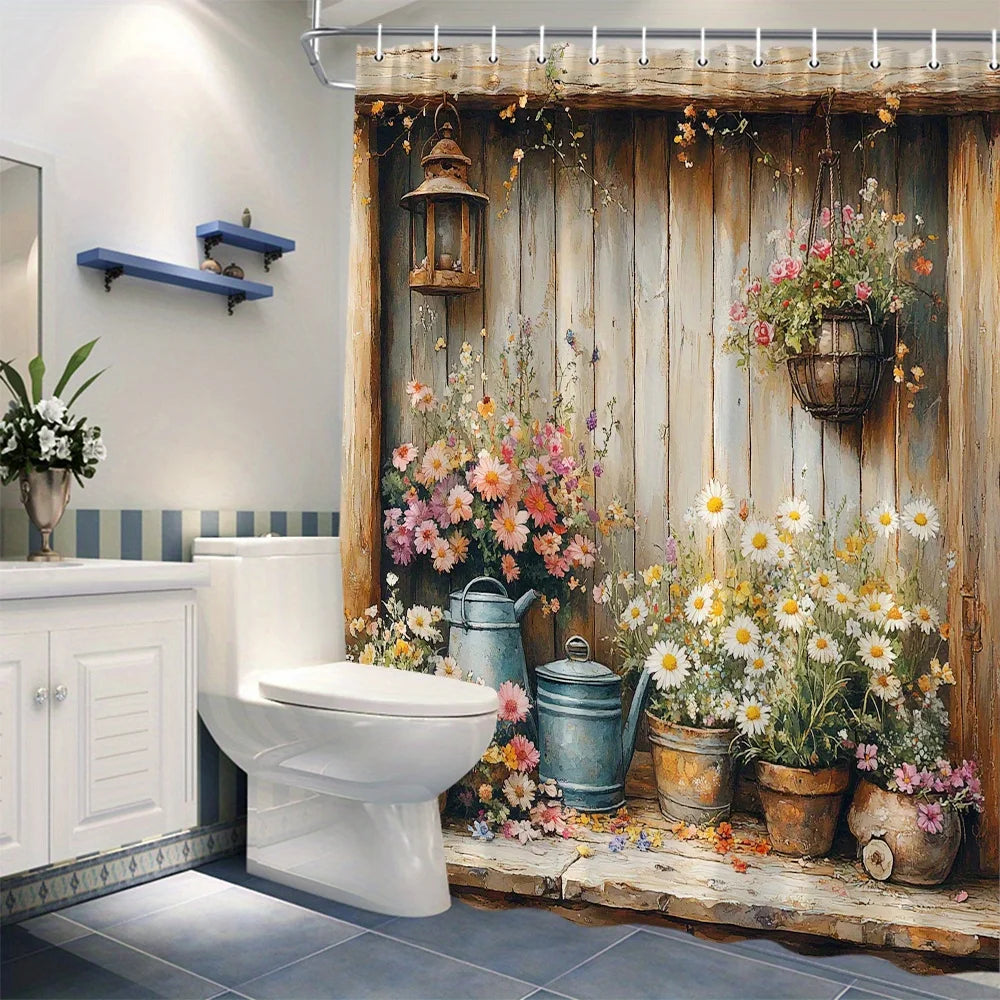 rideau douche rustique fleurs pots lanterne bois multicolore crochets moderne