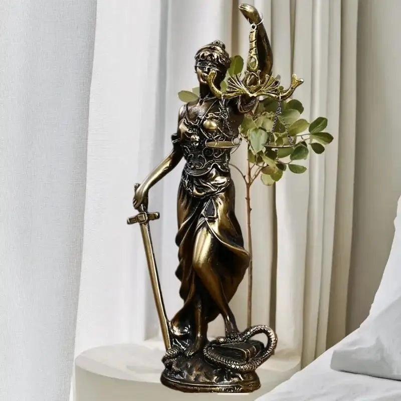 statue justice métal bronze détails sculpturaux balance épée décoration intérieure classique européenne