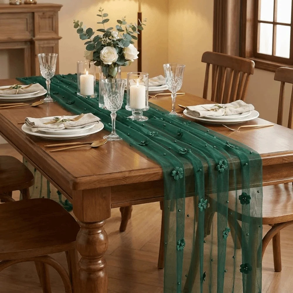 nappe tulle transparente motif floral 3d rose bleu vert blanc festive mariage