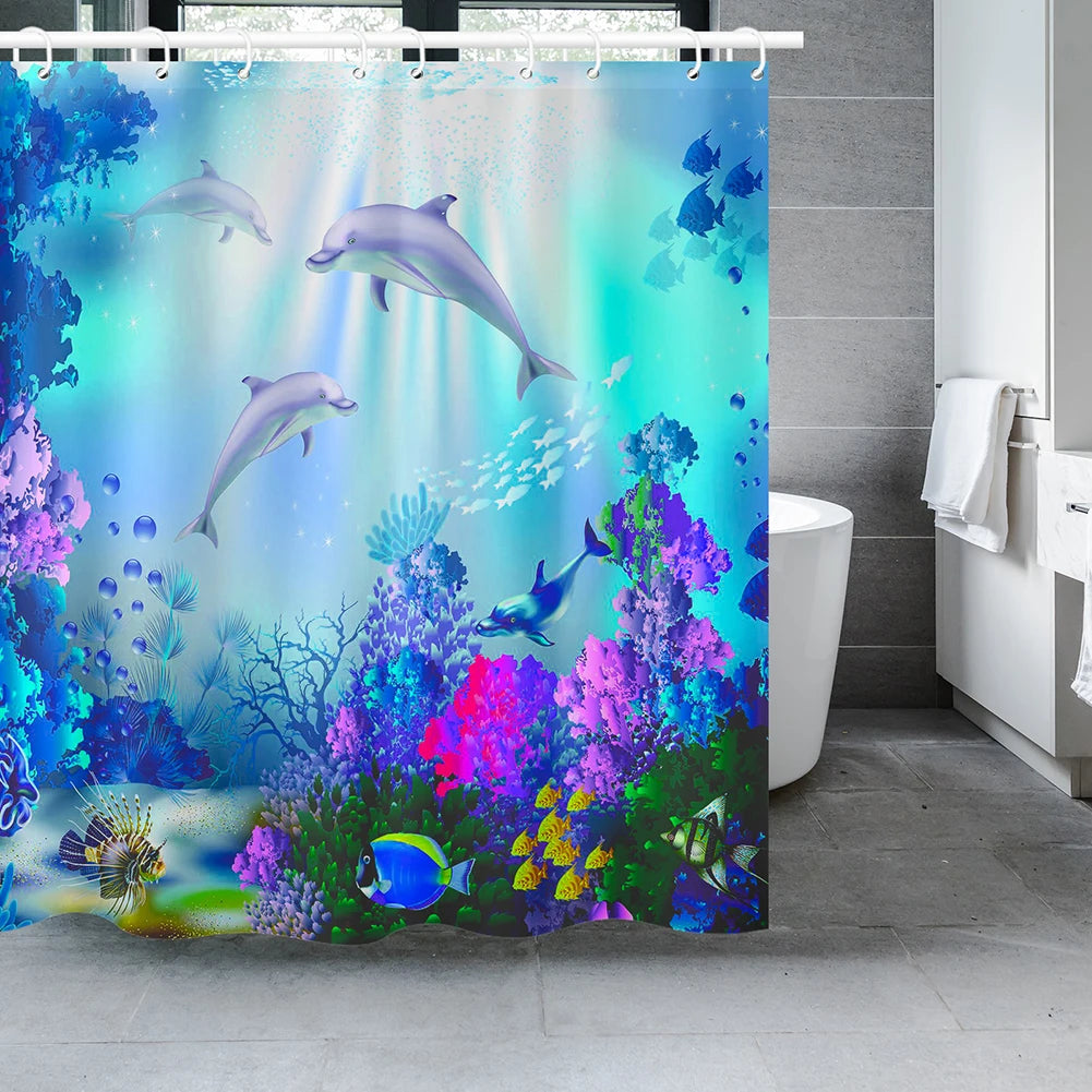 rideau douche dauphins sous marin polyester moderne 12 crochets poisson corail enfant océan bleu