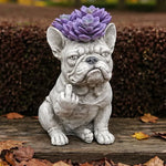 statuette chien gris clair résine détaillée plante succulente aérienne feuilles vertes