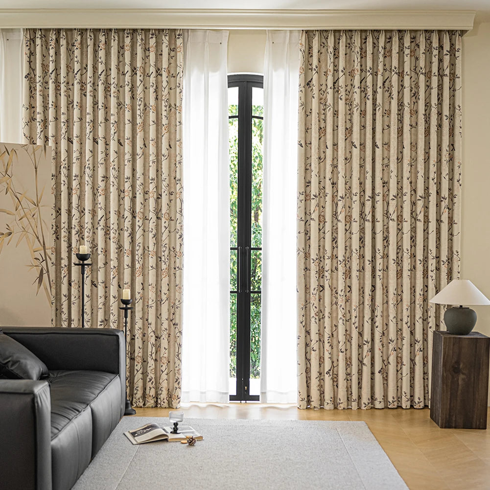 rideau élégant beige motifs floraux oiseaux pivoine vintage occultant salon chambre moderne polyester