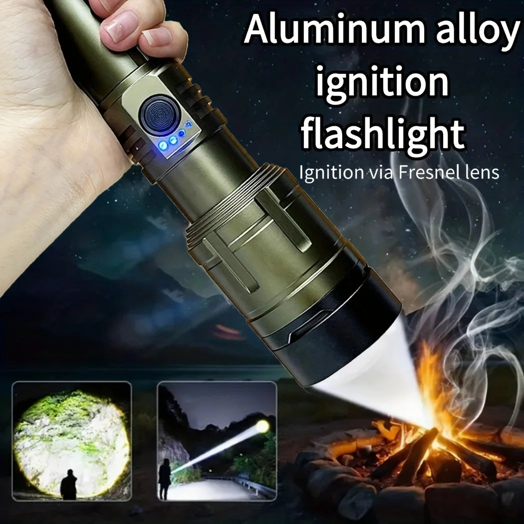 lampe torche vert olive texturée moderne robuste lentille fresnel bouton contrôle poignée zoomable modes