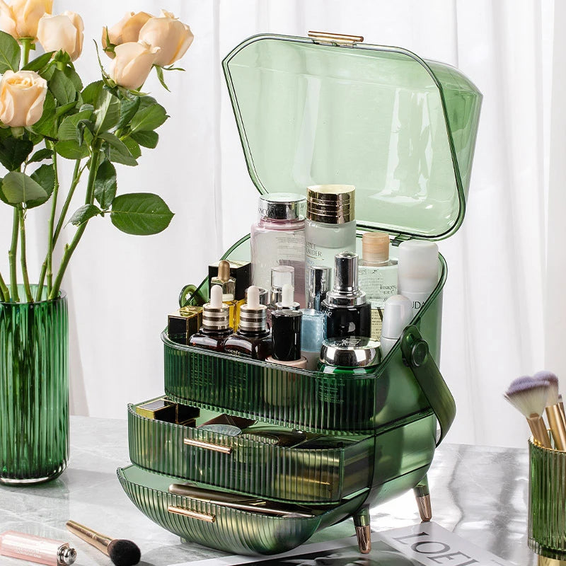 boîte rangement cosmétique moderne noir vert élégante deux étages poignées skincare makeup caddy