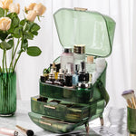 boîte rangement cosmétique moderne noir vert élégante deux étages poignées skincare makeup caddy