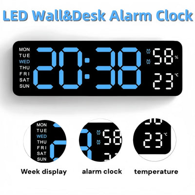 Horloge murale LED numérique noire affichant température et humidité