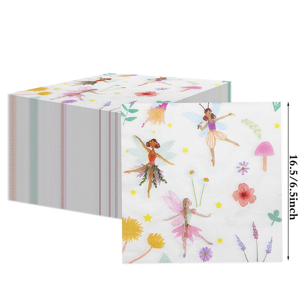 serviettes papier fées forêt enchantée anniversaire mariage baptême noël enfantin illustration fleurs coeurs