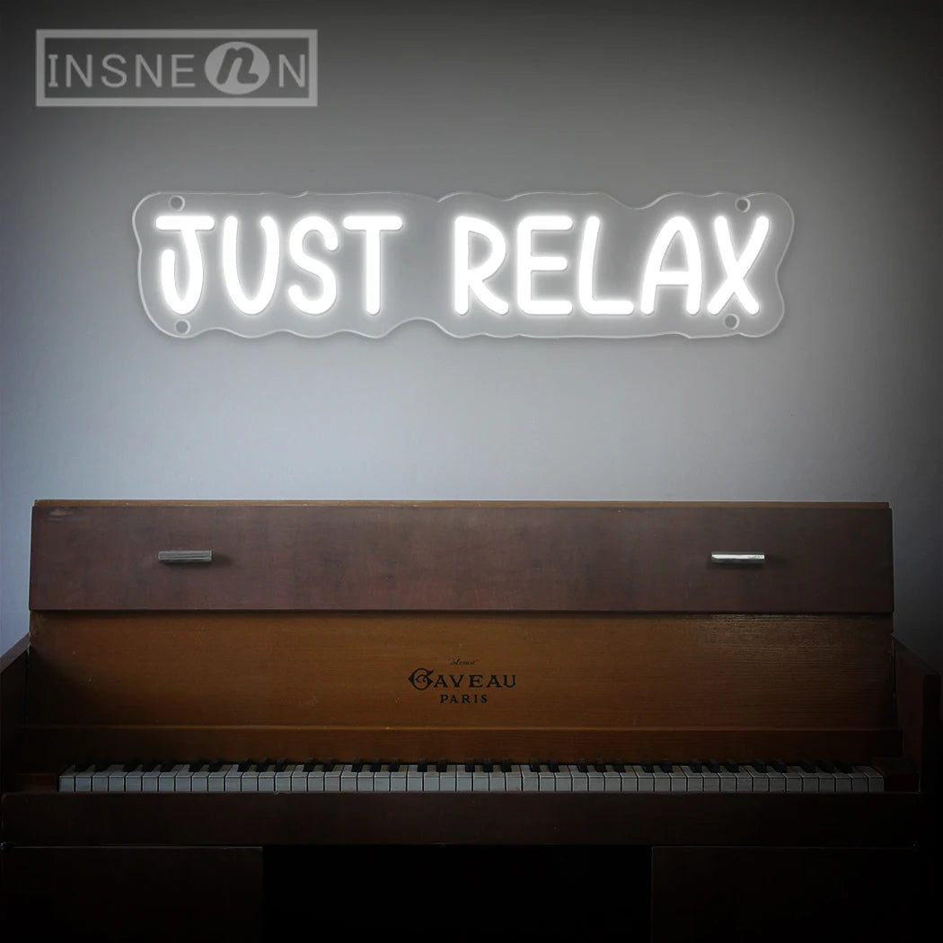 néon lumineux JUST RELAX blanc moderne câble USB interrupteur ON/OFF fixations chambre décoration festive