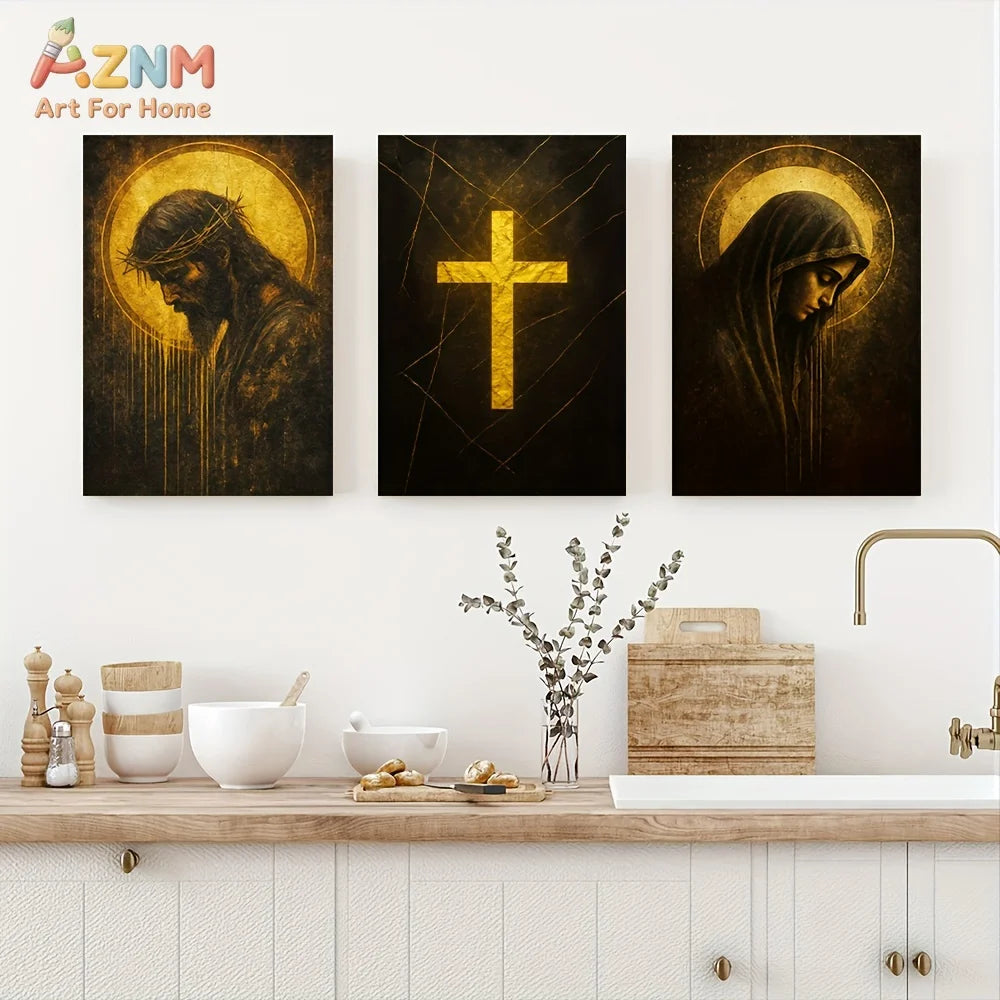 tableau religieux jésus vierge marie croix dorée noir classique toile murale