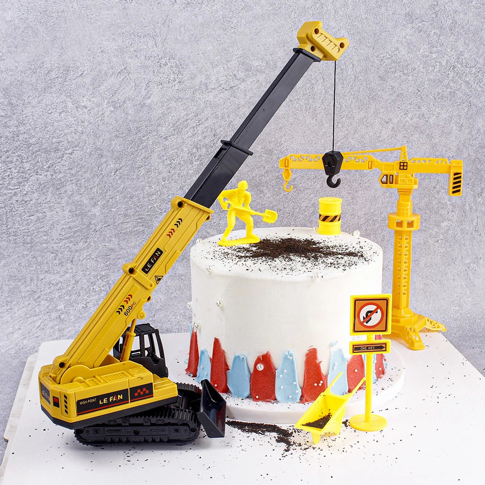 décoration gâteau anniversaire enfant construction tracteur excavatrice bulldozer panneaux signalisation jaune noir