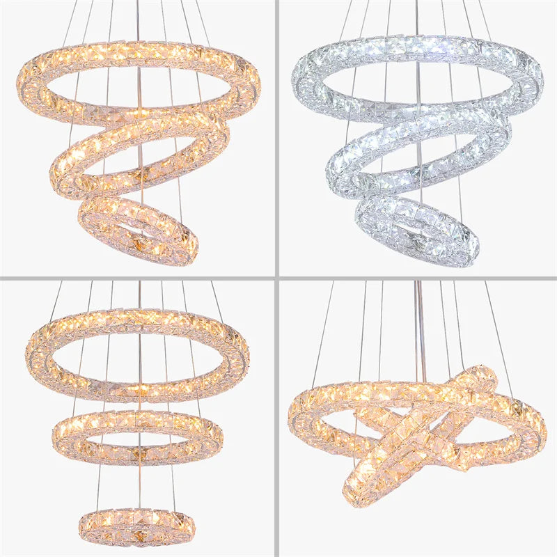 suspension lumineuse moderne anneaux cristal poli blanc doré strass haute luminosité télécommande