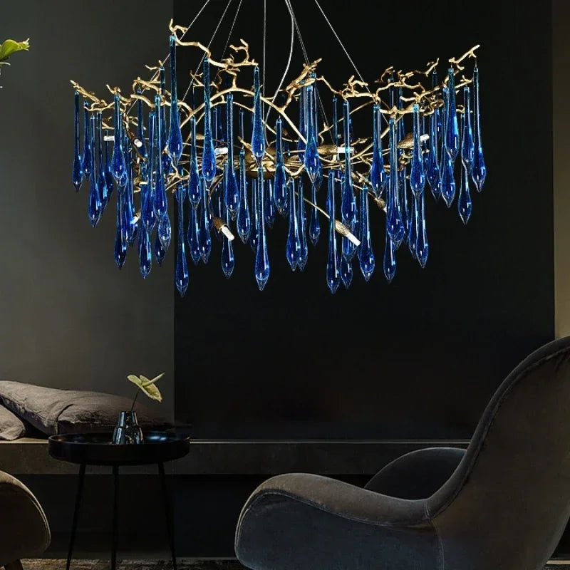 lustre contemporain élégant gouttes cristal bleu doré opalescent led salon chambre