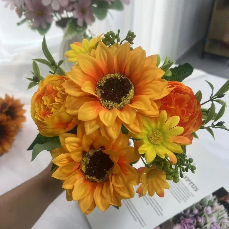 bouquet fleurs artificielles tournesol moderne orange jaune rouge blanc vert décoration intérieure mariage anniversaire