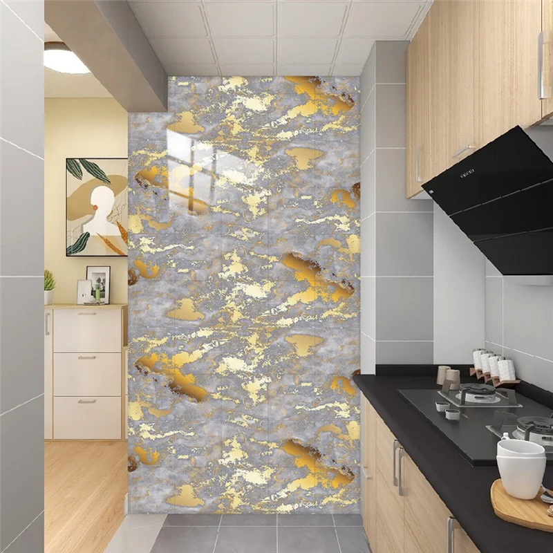 panneau decoratif mural imitation marbre gris or moderne stickers adhesifs resistant oil cuisine salle