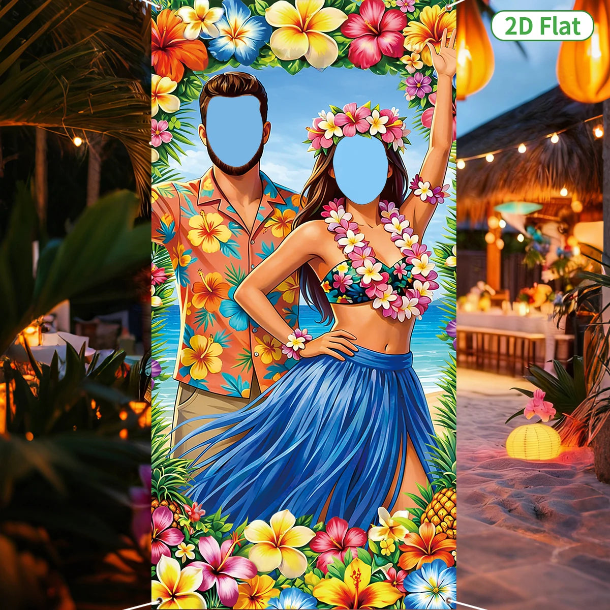 toile fond motif tropical hibiscus palmier anniversaire mariage fête enfant multicolore illustration