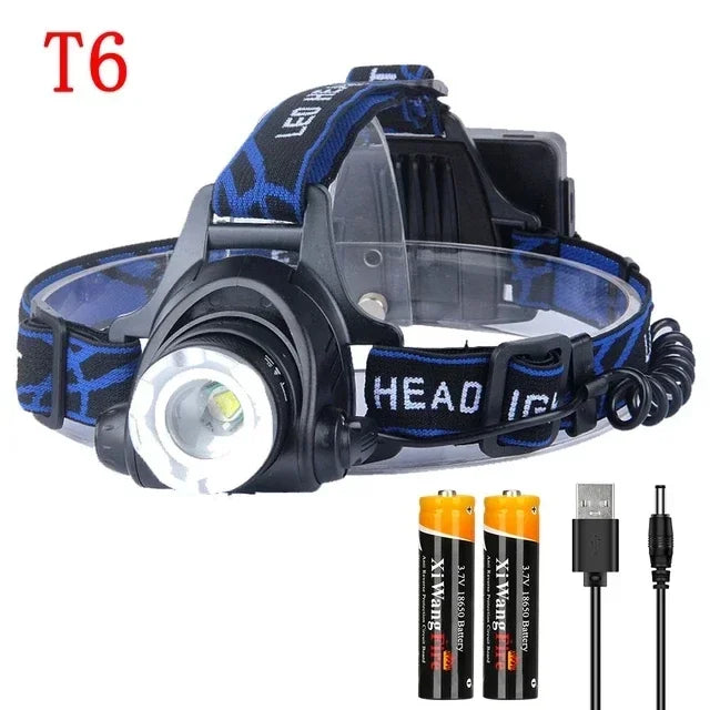 lampe frontale rechargeable led noir zoom ipx4 étanche mode sensor high low strobe camping