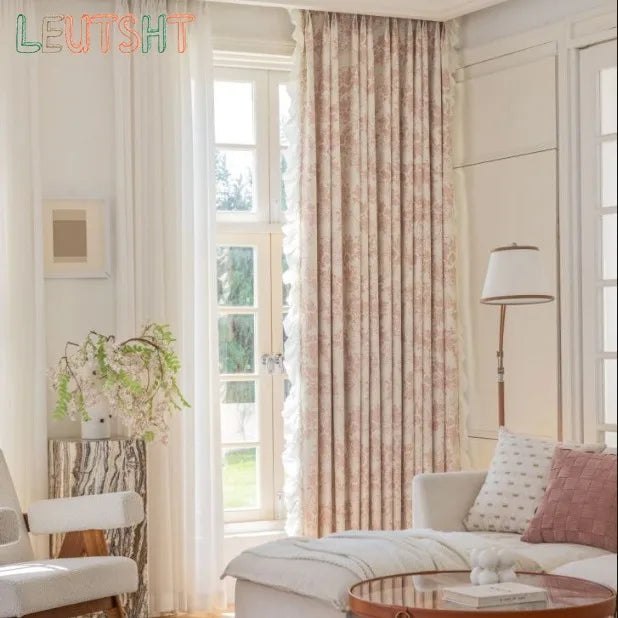 rideau opaque fleurs beige rose pâle classique romantique salon chambre