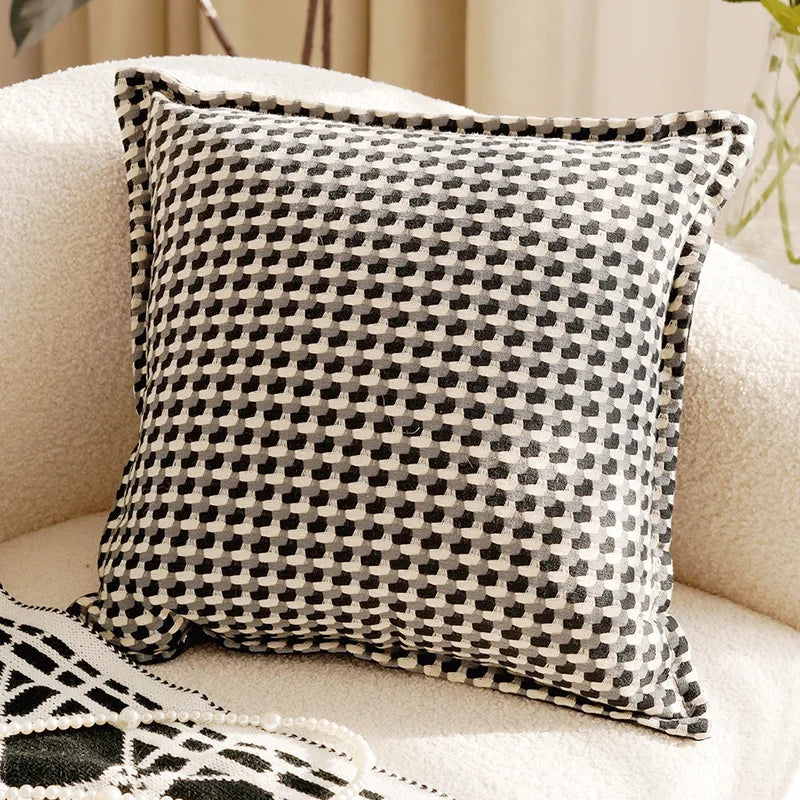 housses coussins carrés brodés nouettes noires blanches moderne decoration maison lit canapé