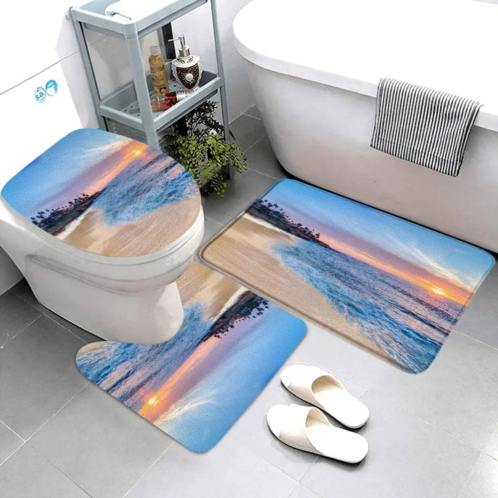 ensemble tapis toilette sol pantoufles blanches motif paysage marin plage tropicale bleu