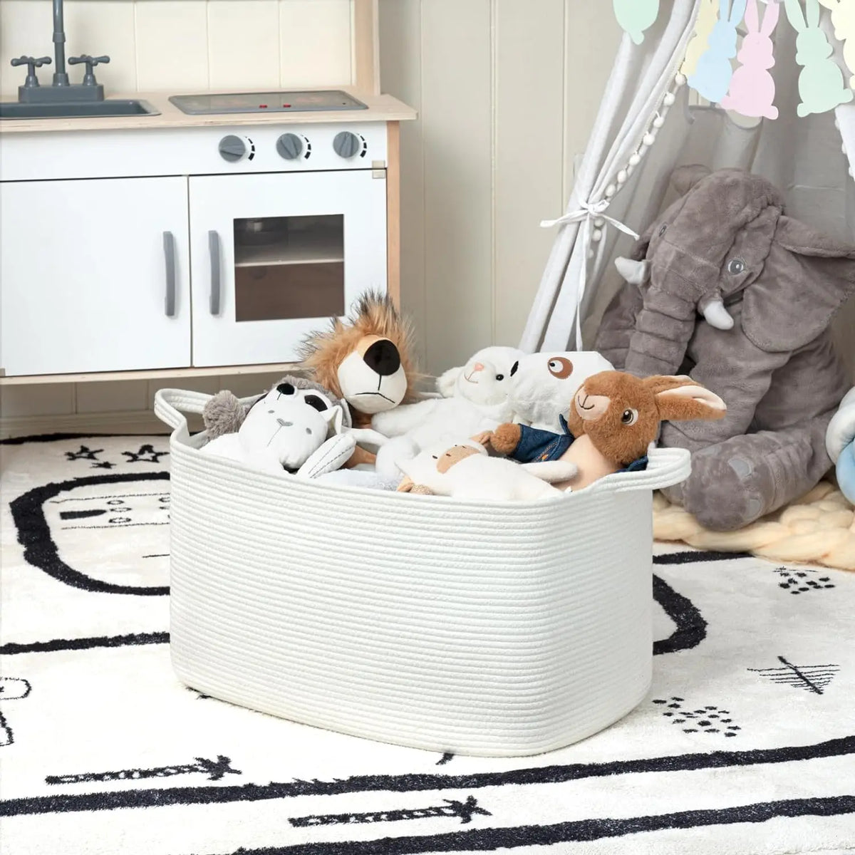 panier rangement polyester blanc rayures horizontales moderne réutilisable 55L poignées organisation linge étagères