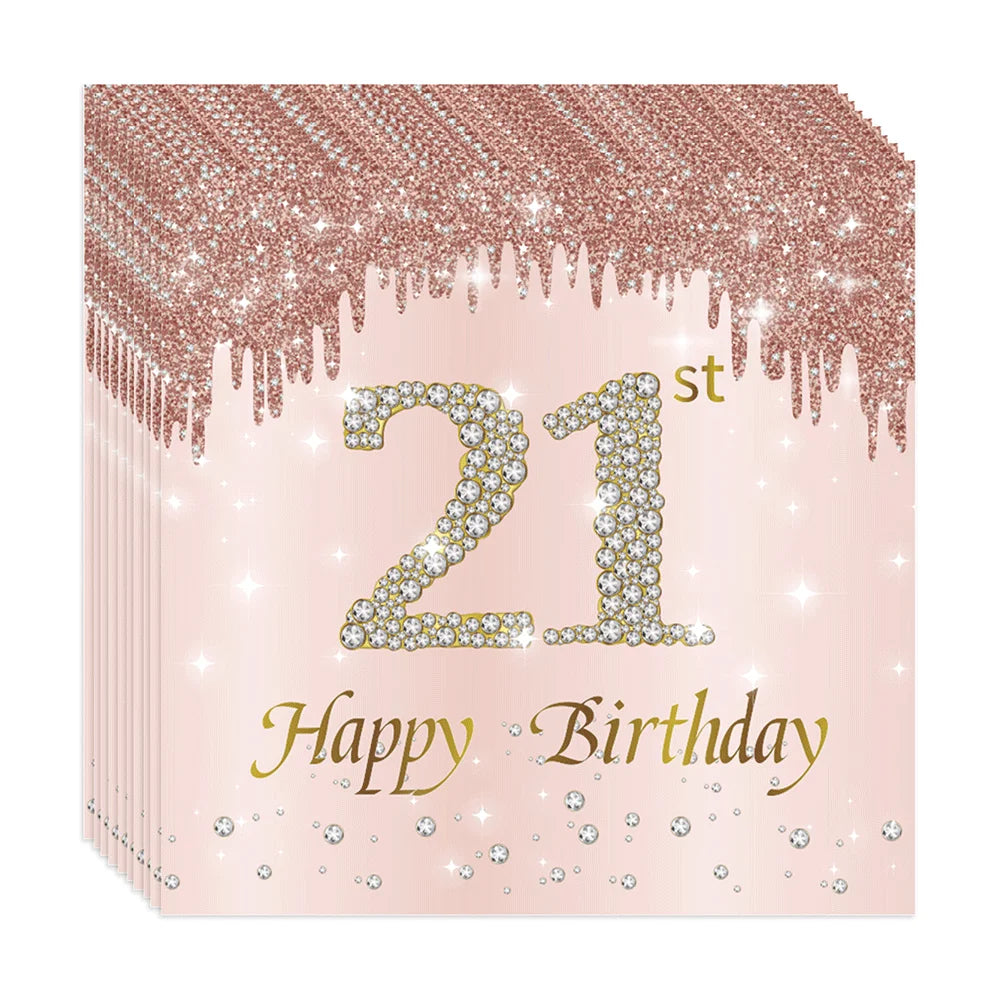 serviettes fête élégantes rose pâle strass dorés texte happy birthday anniversaire strass chiffres festive