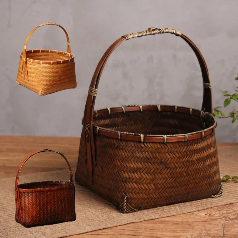 panier rangement tissé bambou marron traditionnel poignée bois rangement pique niqueextérieur thé
