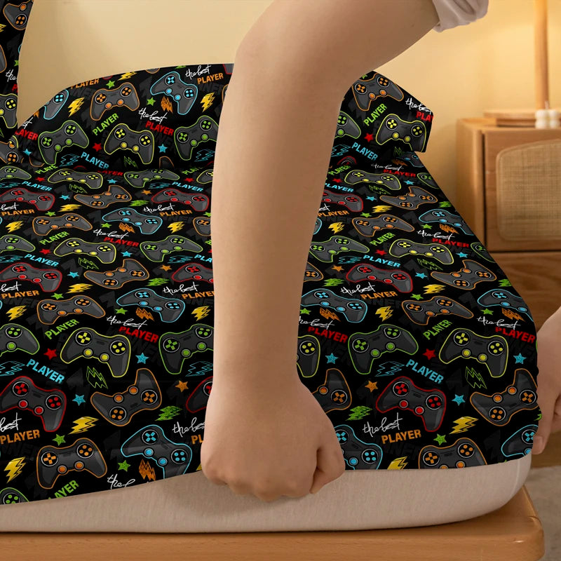 drap housse polyester motif dessin animé manettes joueur étoiles lightning moderne noir jaune bleu