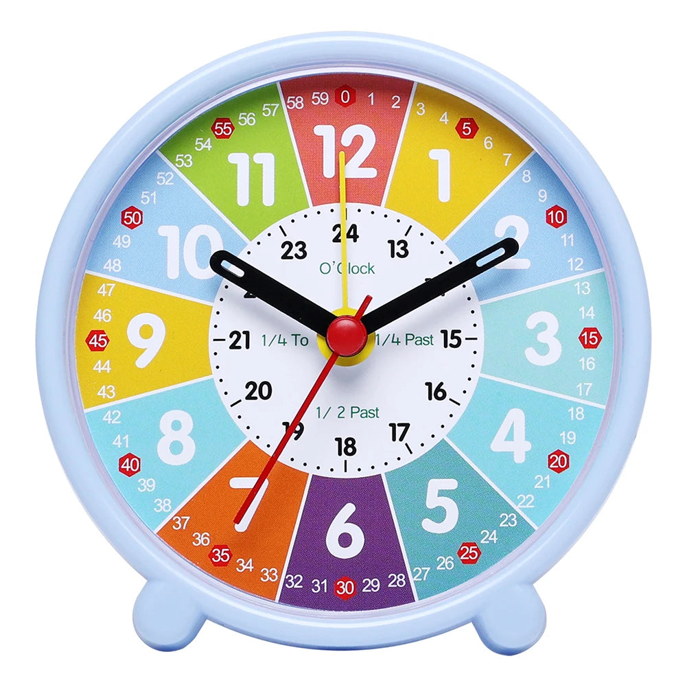 horloge table moderne colorée motifs géométriques enfants chambre bleu rose blanc